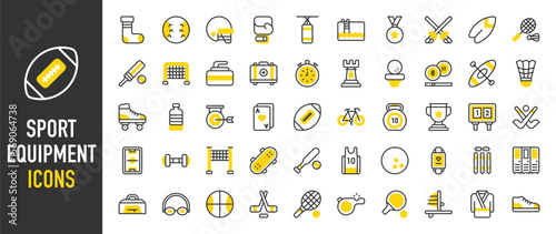 Such as Sport equipment icons. Medal, Tennis, Poker Cards, Kayak, Locker, Dumbbells, Bycicle, Rollerskate, Ice Hockey, Medical Kit, Net, Bowling, Score Board vector illustration.