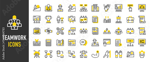 Such as Teamwork icons. Effort, Push, Team, Planning, Analysis, Conflict, Chat, Meeting, Presentation, Task, Challenges, Schedule, Office, High Five, CRM, Hybrid vector illustration.
