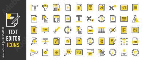 Such as Text editor icons. Doc, Pdf, Print, Hidden, Line Spacing, Filter, Attachment, Paste, Write, Table, Font, Justify, Cut, Flip, Height, Horizontal, Import vector illustration.