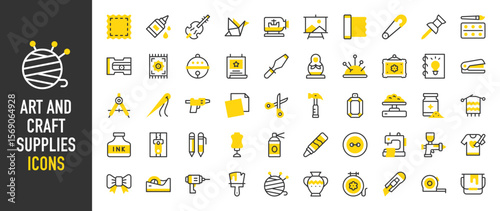 Such as Art and Craft supplies icons. Aluminium Paper, Ink, Paper, Ribbon, Knitting, Matriarchy Doll, Needle, T-shirt, Rug, Measuring Tape, Sketchbook, Push Pin, Tape vector illustration.