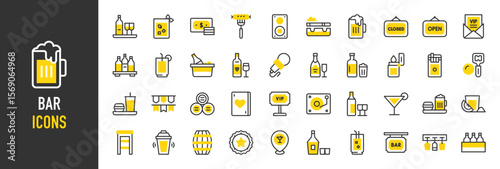 Such as Bar icons. Money, Barrels, Wine, Pizza, Bottles, Cocktail Shaker, Tequila, Burger, Stool, Ashtray, Card, Champagne, Cigarettes, Closed, Cocktail, Bar, Garlands vector illustration.
