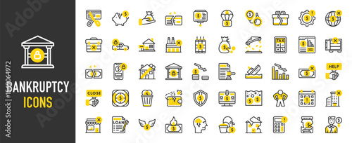 Such as Bankruptcy icons. Cut Card, Financial Crime, Seizure, Shop, Broken Bank, Unaffordable House, Money Waste, Sink, Calculator, House For Sale, Bankruptcy vector illustration.
