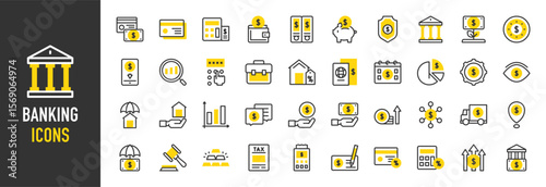 Such as Banking icons. Settings, Bar Graph, Money Growth, Calculator, Pin Code, House, Auction, Chat Box, Magnifying Glass, Calculator, Suitcase, Pie Chart, Piggy vector illustration.