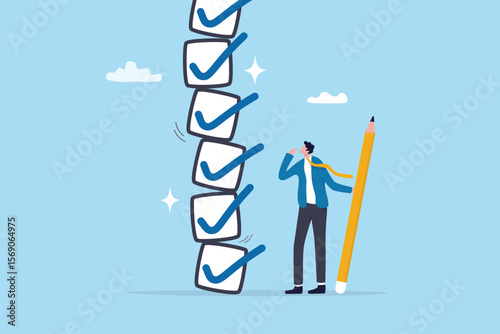 Complete checklist, correct or approval task list, productivity or efficiency compliance, perfect accomplish or task done concept, businessman hold pencil will all completed checklist finished tasks.