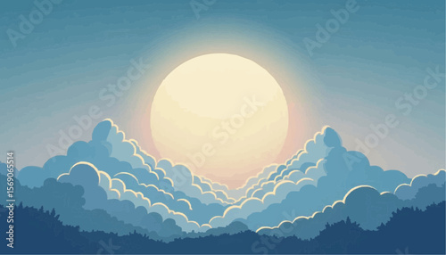 Bright Full Moon Rising Behind Wispy Cloud Layer Over Mountain Silhouettes in Blue Sky
