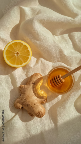 Flat lay of fresh ginger root, lemon half, and honey in a glass bowl with dipper on a soft beige fabric, bathed in warm natural sunlight.

