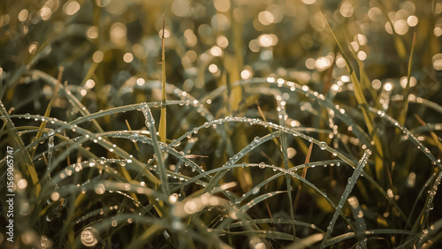 Close-up of fresh morning dew on green grass blades with golden sunrise in the background, soft light and shallow depth of field.

