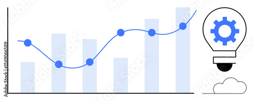 Bar chart with a line graph tracking growth alongside a lightbulb and gear motif. Ideal for data analytics, innovation, business, planning, technology, success, and strategy concepts. Clean flat