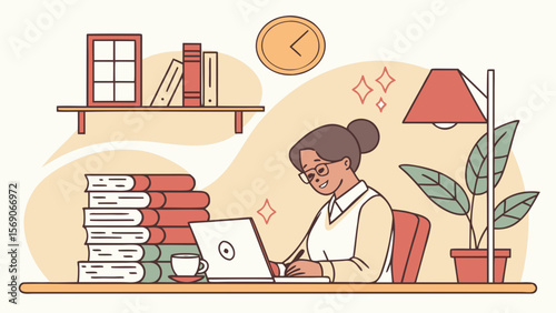 Illustration of a woman working on a laptop with books clock and plant in a cozy home office space