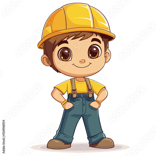 Cartoon boy wearing construction hat and overalls with confident smile  