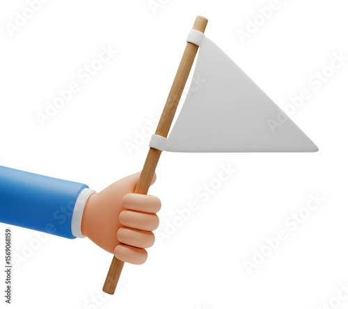 Hand Holding a Blank White Triangular Flag Minimalist 3D Rendering in a Soft And Smooth Renderer