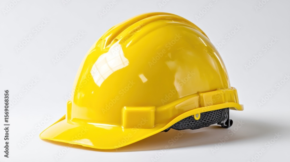 Fototapeta premium Bright yellow safety helmet placed slightly angled, high-detail surface and straps visible, isolated on clean white background with copy space for industrial safety designs