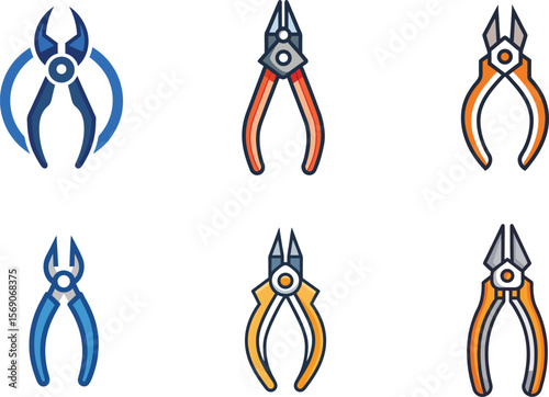 Colorful Pliers Icons Set Perfect for Branding Design Projects needing Tools Hardware Repair or DIY elements in Logos and Applications