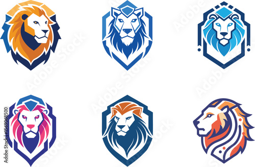 Majestic Lion Head Logo Designs Perfect for Branding Identity and Company Symbols featuring a variety of vibrant color palettes