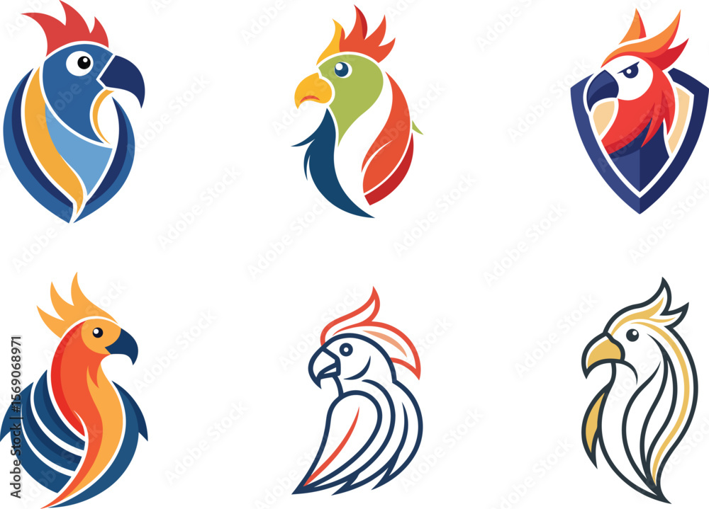 Obraz premium Colorful Parrot Logo Designs Perfect for Branding and Identity Projects Featuring Abstract Bird Icons Ideal for Company Symbols
