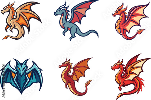 Six unique dragon designs perfect for logos branding gaming and fantasy projects offering versatile scalable graphics for your creative needs