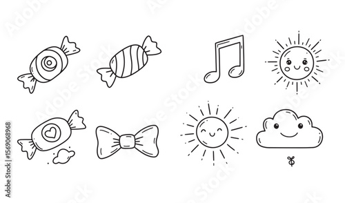 Cute hand drawn doodle illustrations of candy, musical note, sun and cloud elements