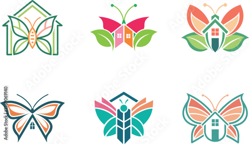 Elegant Butterfly Home Logos Perfect for Real Estate Branding Design featuring a stylized butterfly incorporating house elements ideal for corporate identity