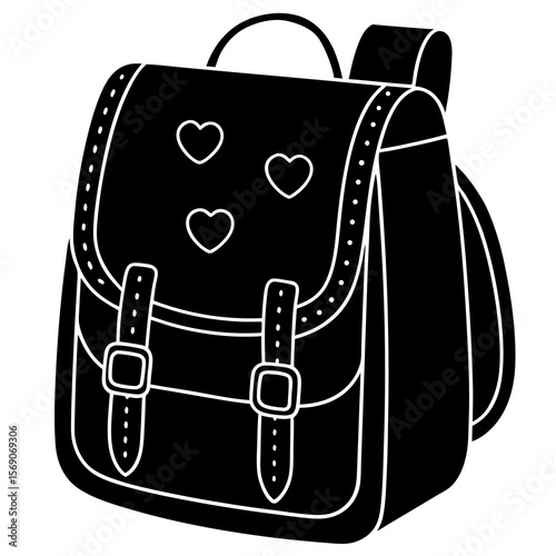 Black silhouette backpack with heart embellishments and buckle closures
