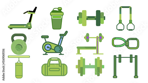 Fitness set showcasing various green gym equipment for a vibrant home workout. Ideal for fitness enthusiasts seeking colorful home gym inspiration.