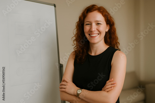 A woman stands in front of a whiteboard, engaged in a discussion or presentation