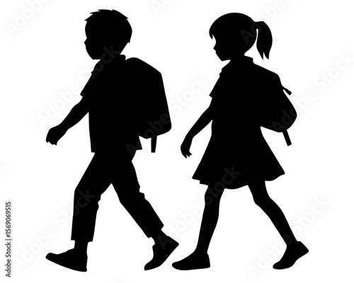 Two silhouettes of children walking with backpacks on white background