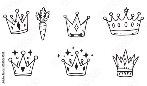 Hand drawn set of cute crowns and carrot doodles for design projects and decorations