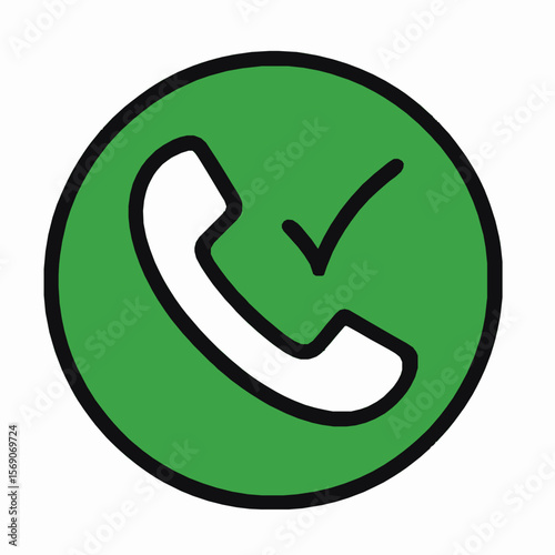 Accepted phone call green circle icon with white handset symbol and check mark