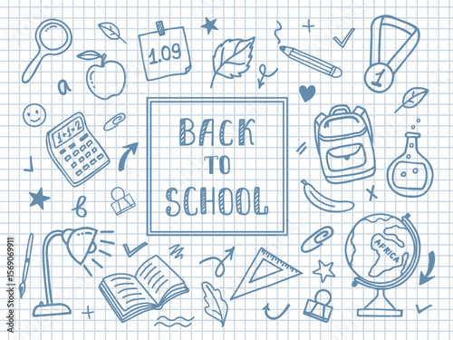 Back to school themed doodle set in hand-drawn vector style. Blue line icons on graph paper background. Includes books, backpack, globe, calculator, lab flask. Perfect for posters, prints, school desi