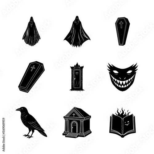 Dark Gothic Halloween Icon Set: Spooky Silhouettes, Creepy Illustrations, Monochrome Graphics
