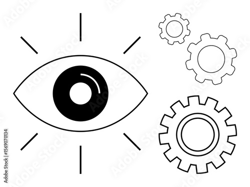 Eye surrounded by radiating lines paired with interconnected gears. Ideal for creativity, vision, innovation, strategy, analysis, technology, problem-solving, simple landing page