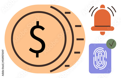 Large dollar coin, alarm bell, fingerprint scan with verification checkmark. Ideal for finance, cybersecurity, notifications, banking, payments technology and data protection. Simple flat metaphor