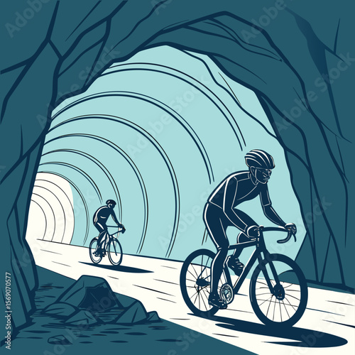 Two cyclists riding bicycles through a tunnel with light at the end of the path ahead today now