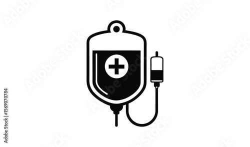 Black and white icon of an intravenous drip bag with a plus symbol