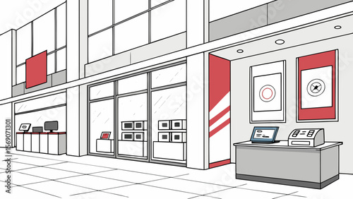 Modern retail store front design with displays and checkout counters for shopping experience design