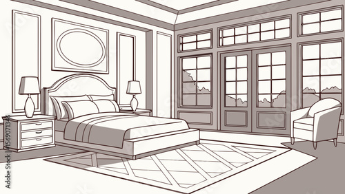 Bedroom interior design illustration with bed nightstand windows and armchair vector drawing style