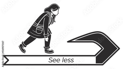 See less concept showing woman looking down arrow vector illustration graphic design for web and print use