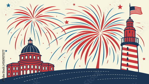 Celebrate american independence day with fireworks over lighthouse and capitol building design