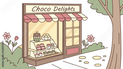 Chocolate shop sweet delights bakery cakes and pastries store front with flowers and tree illustration
