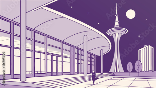 Cityscape illustration of modern architecture building with tower at night scene vector design