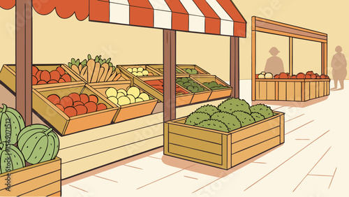 Illustration of local farmers market with fresh vegetables and fruits for sale at outdoor stands market stall