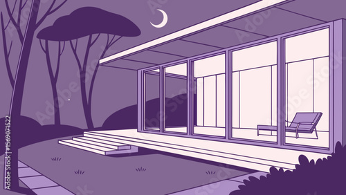 Modern house architecture illustration at night with moon and trees vector design for real estate 3d