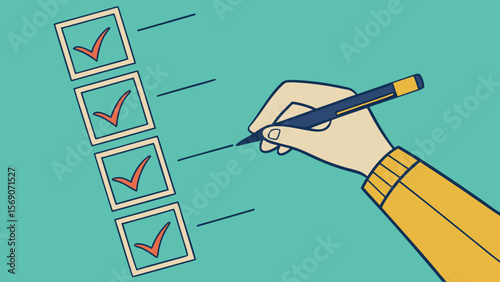 Checklist with check marks and hand holding pen for task management and productivity illustration