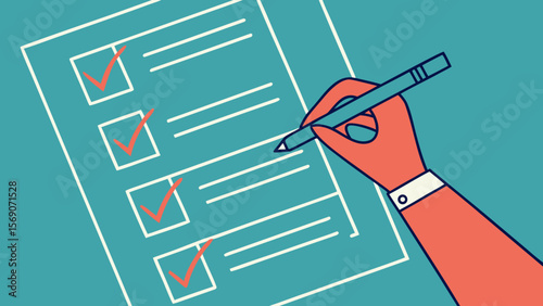 Checklist survey form with check marks and hand holding pen for task management and organization tool