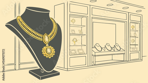 Luxury gold necklace jewelry display in store showcase for sale and fashion accessories shopping concept