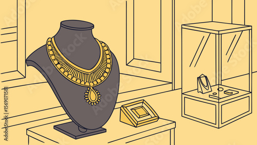 Elegant gold necklace jewelry display in store showcase for sale and fashion accessories shopping experience
