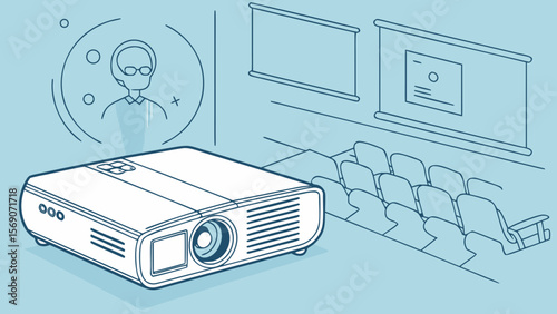 Projector in auditorium for presentation and conference with screen and audience vector illustration