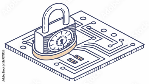 Isometric cybersecurity concept of a padlock on a circuit board for digital security and data protection