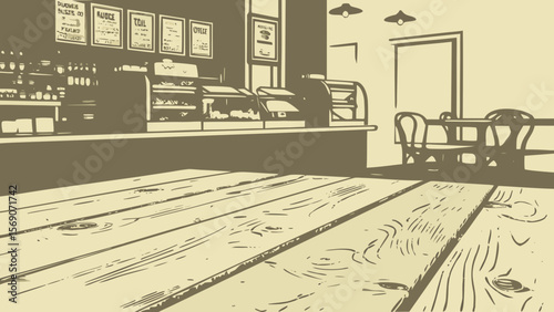 Vintage coffee shop interior illustration with wooden tables chairs and menu board vintage cafe scene art