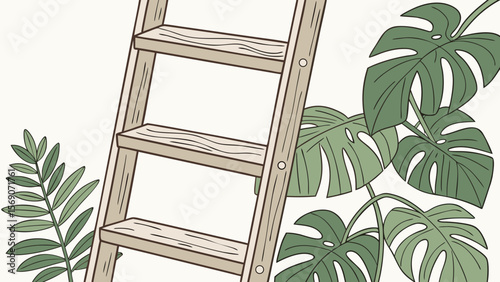 Wooden ladder with monstera plant and fern illustration for home decor and garden design ideas